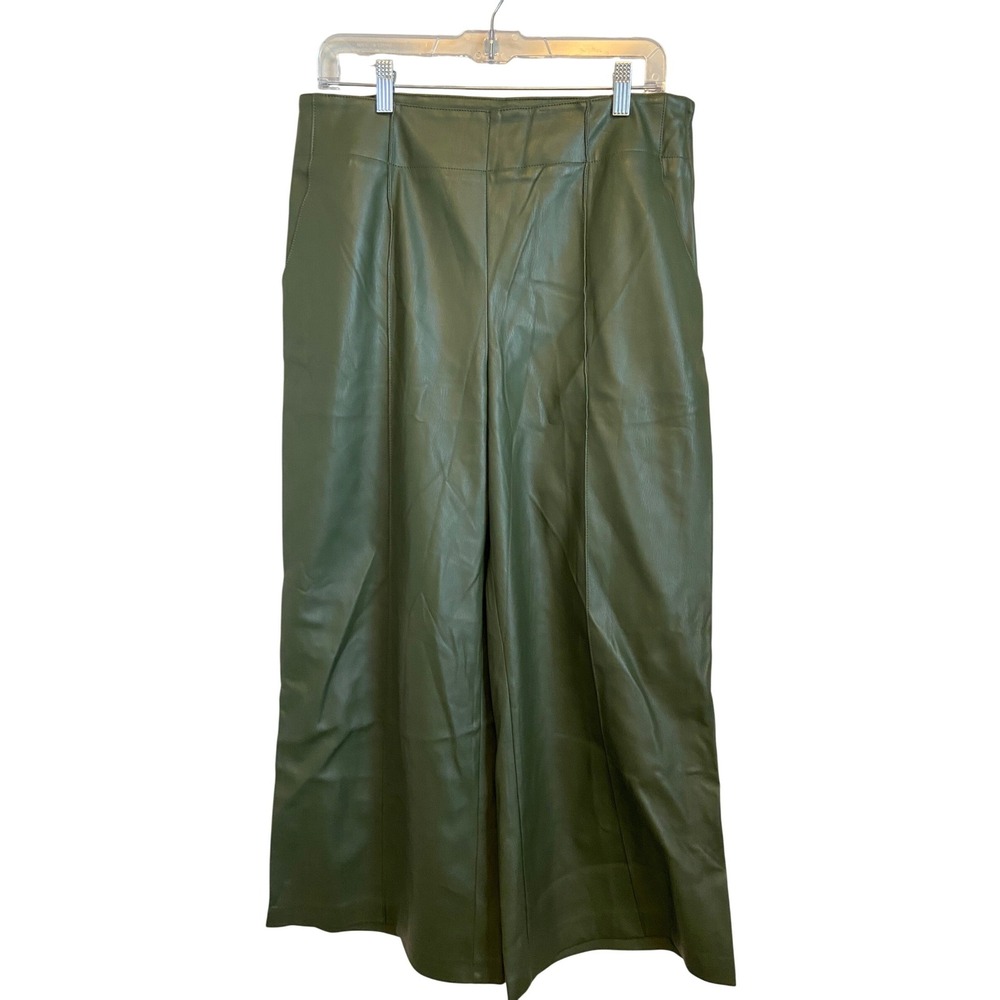 Anthropologie Maeve Faux‎ Leather Crop Wide Leg Pintuck Pants Green 10